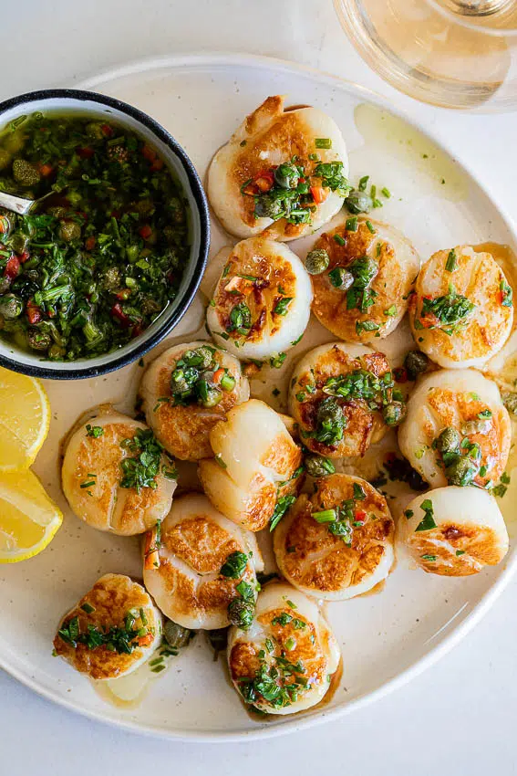 Seared scallops with caper dressing