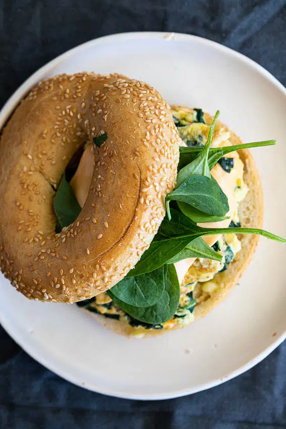 Cheesy egg bagel breakfast sandwich