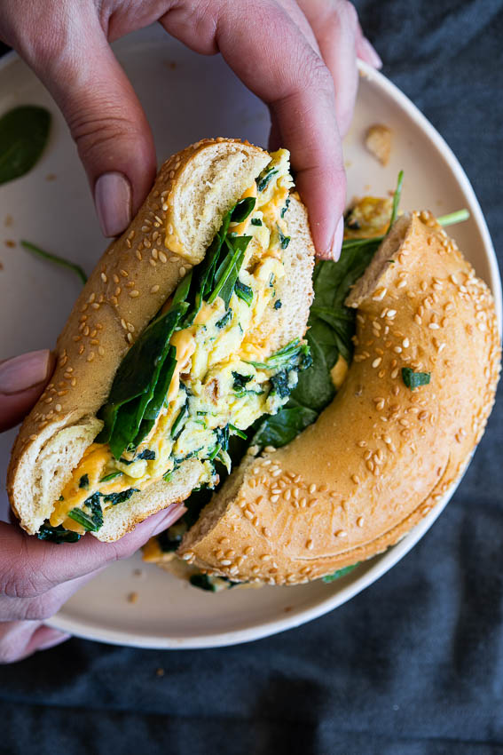 Cheesy egg bagel breakfast sandwich