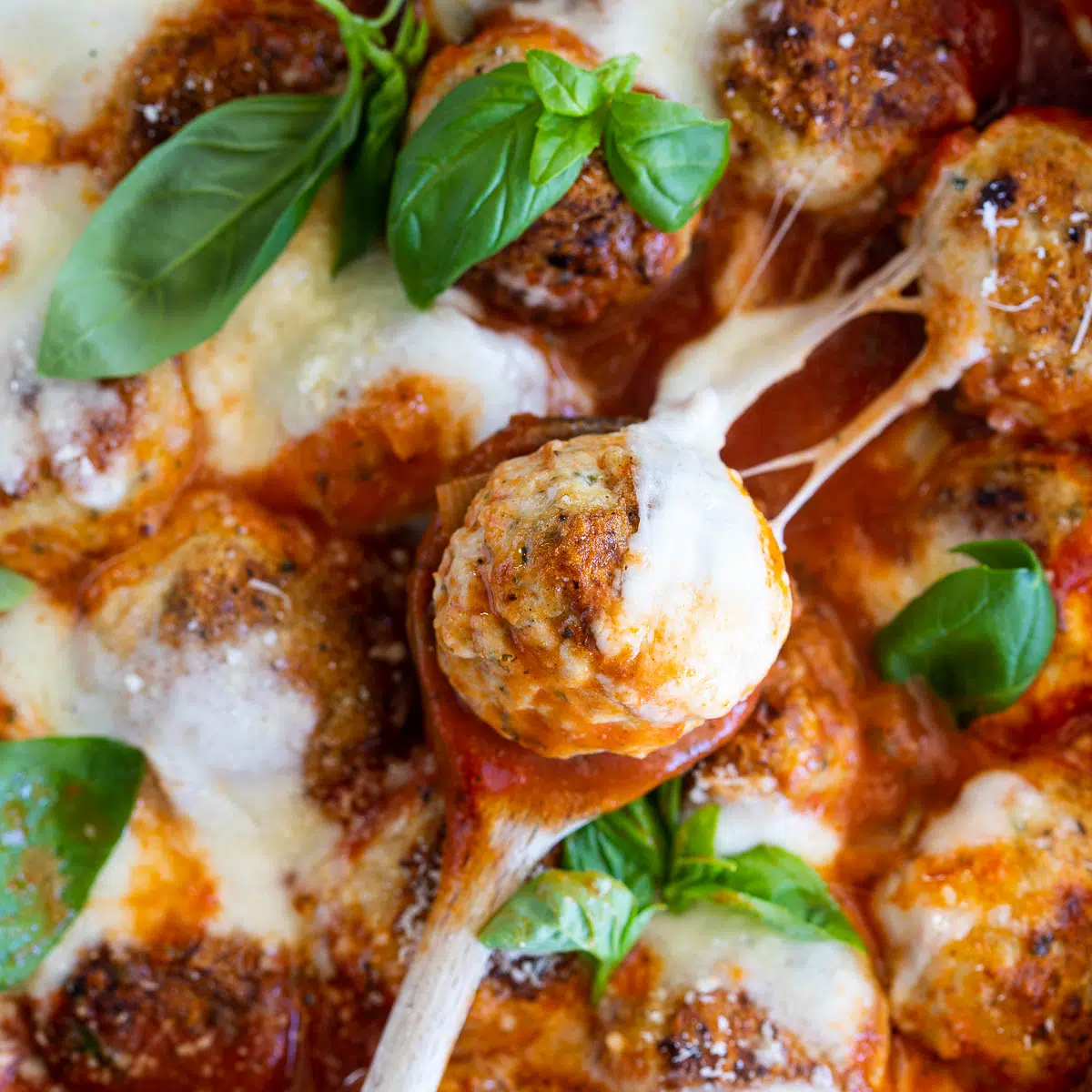 Chicken Parmesan meatballs in tomato sauce with mozzarella