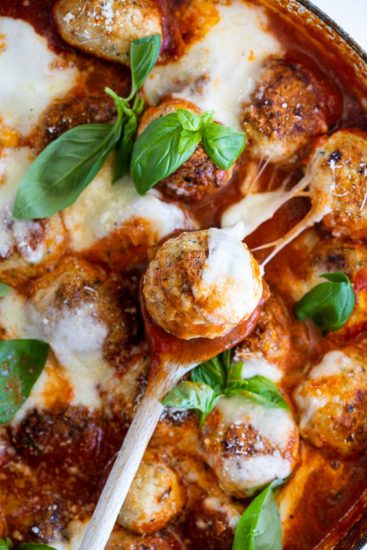 Chicken Parmesan meatballs in tomato sauce with mozzarella