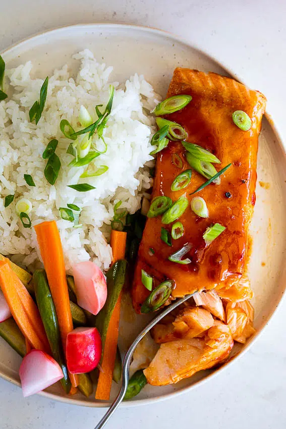Sticky honey sriracha salmon with coconut rice