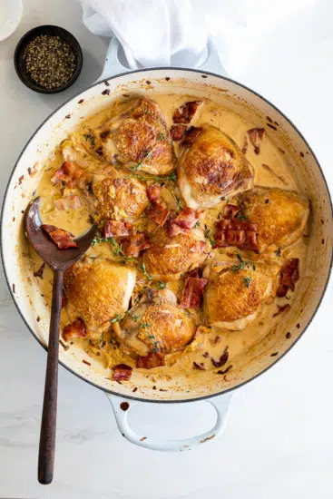 One pan creamy chicken with bacon and leeks