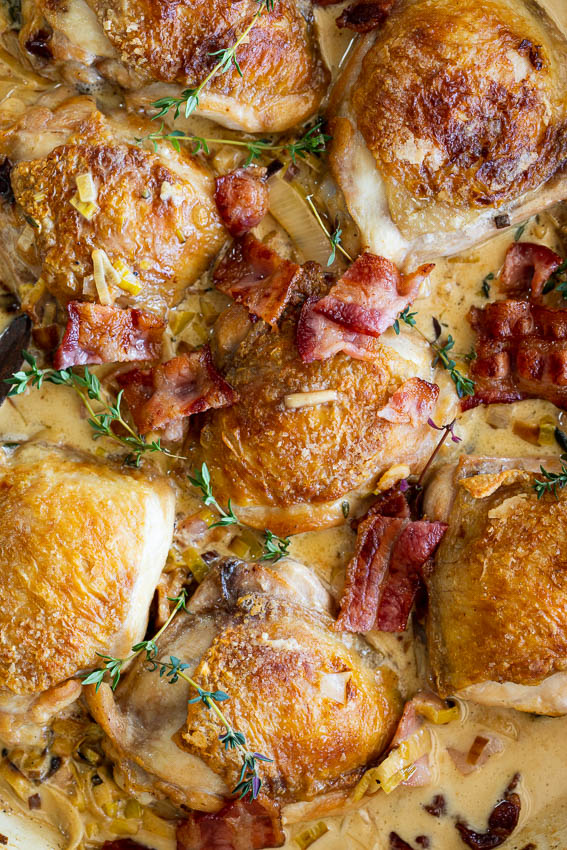 One pan creamy chicken with bacon and leeks
