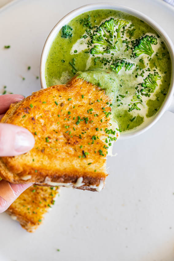 Creamy Broccoli Soup with Garlic Bread Grilled Cheese