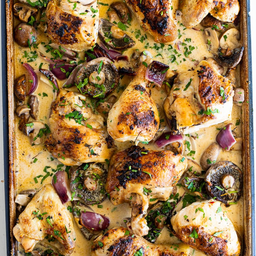 Creamy mushroom sheet pan chicken