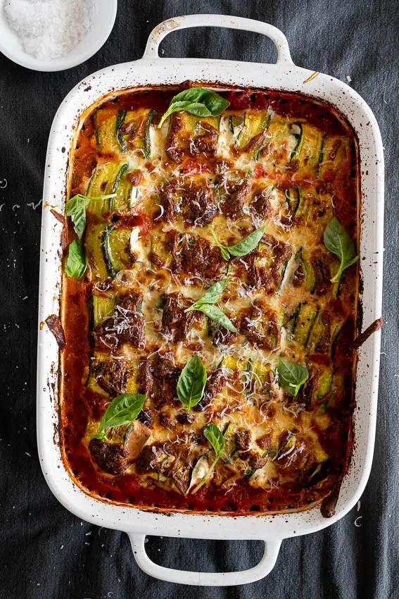 Zucchini Involtini stuffed with herbed ricotta in tomato sauce
