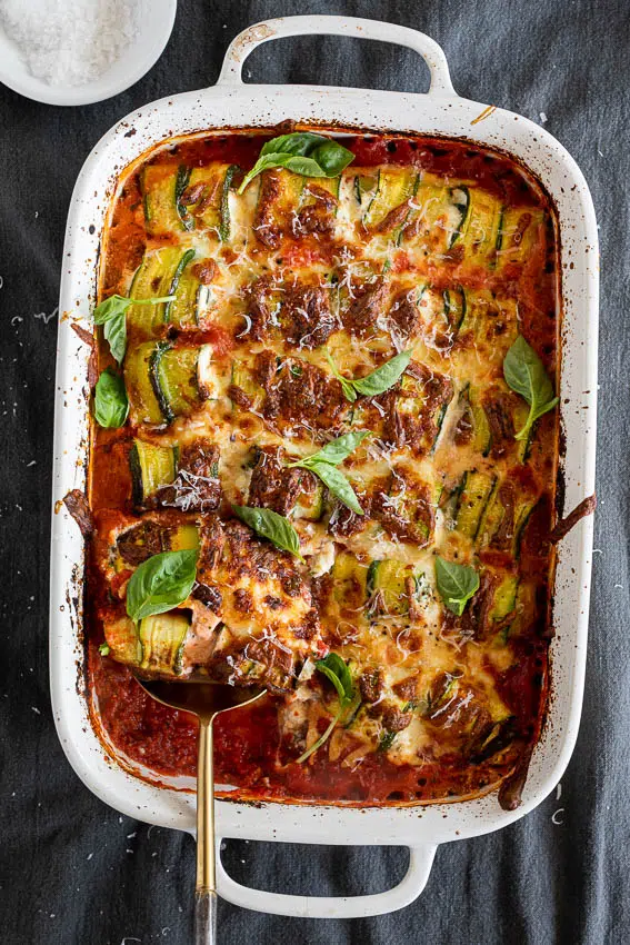 Zucchini Involtini stuffed with herbed ricotta in tomato sauce