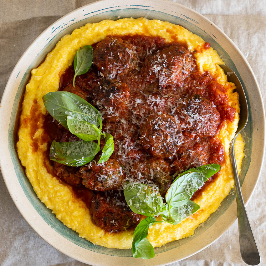 Easy Bacon Meatballs with Creamy Polenta