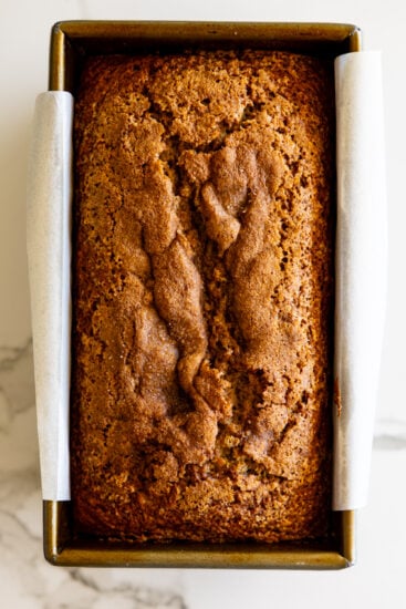 Banana bread in bread pan.