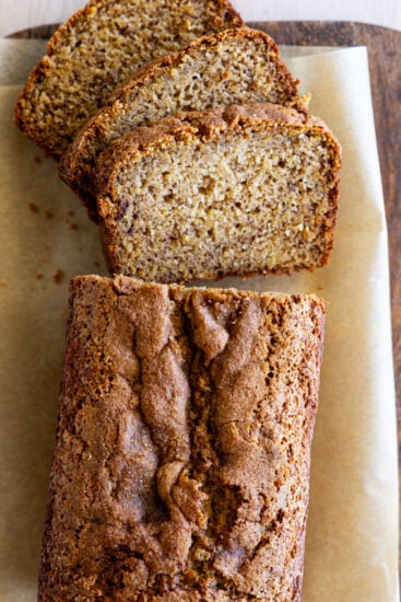 Sliced banana bread on bread board.