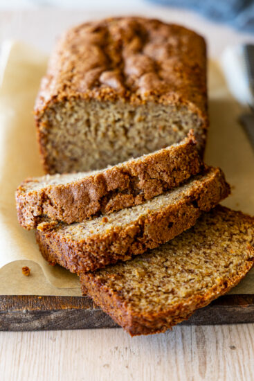 Brown Sugar Cinnamon Banana Bread on a chopping board.