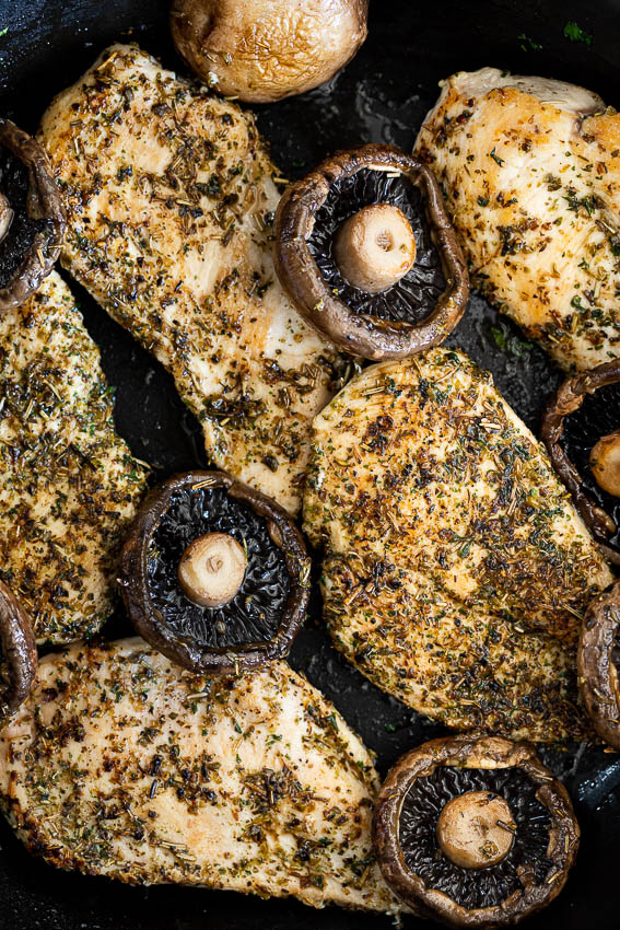 Herbed pan fried chicken with mushrooms