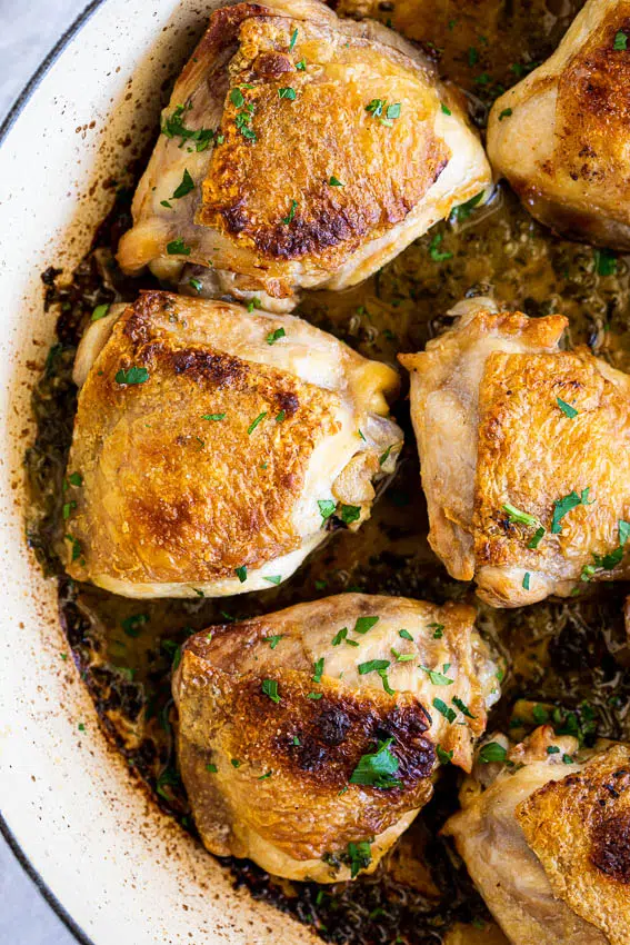 Roasted chicken thighs with white wine garlic sauce