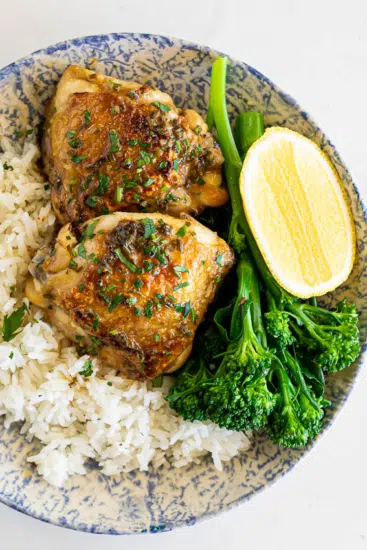 Roasted chicken thighs with white wine garlic sauce
