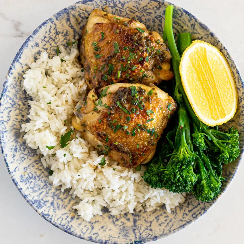 Roasted chicken thighs with white wine garlic sauce