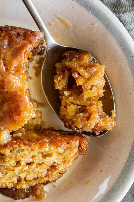 Salted Caramel Apple Pudding Cake with cream