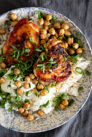 Harissa chicken thighs with rice and chickpeas