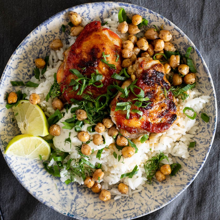 Harissa chicken thighs with crispy chickpeas Simply Delicious