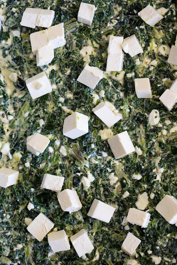 Low carb spinach bake topped with feta cheese.
