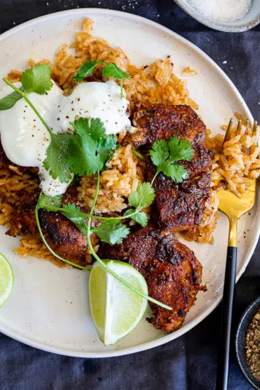 One pan Curried Chicken and Rice Casserole with yogurt and cilantro
