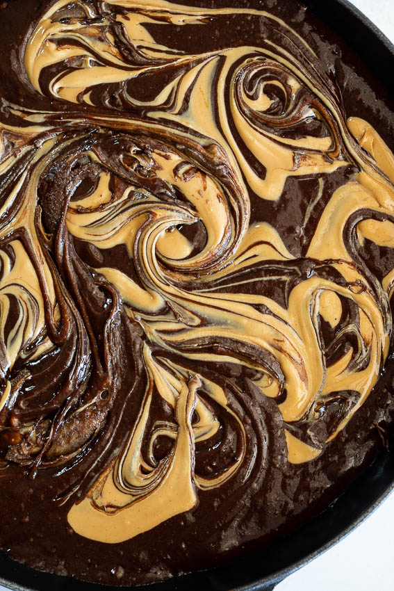 Chocolate pudding pudding batter swirled with peanut butter