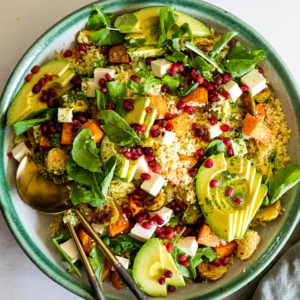 Winter Sweet Potato Salad with Brussels Sprouts, avocado, feta cheese and pomegranate.