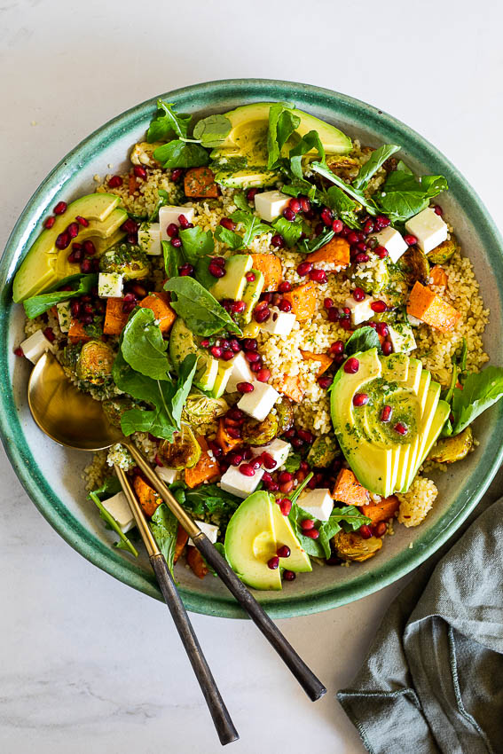 Winter Sweet Potato Salad with Brussels Sprouts, avocado, feta cheese and pomegranate.