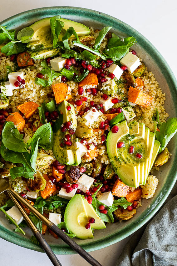 Winter grain salad with Brussels sprouts and sweet potato