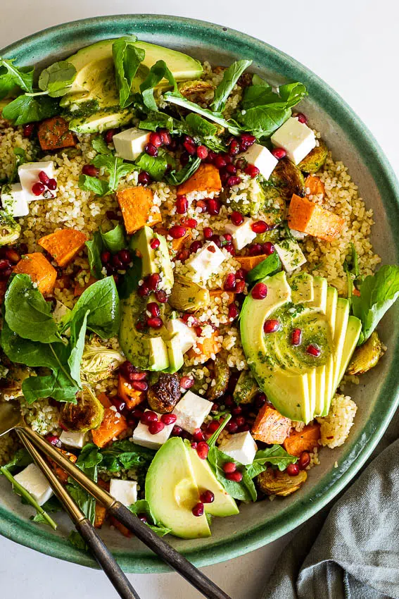 Winter grain salad with Brussels sprouts and sweet potato