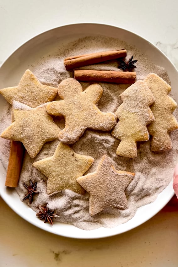 Easy festive sugar cookies with spiced sugar.