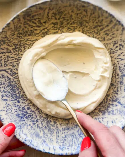 Seasoned yogurt spooned into a serving bowl.