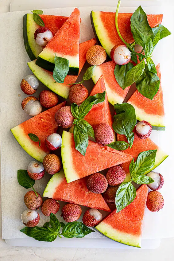 Fresh watermelon, lychee and basil for cocktail.