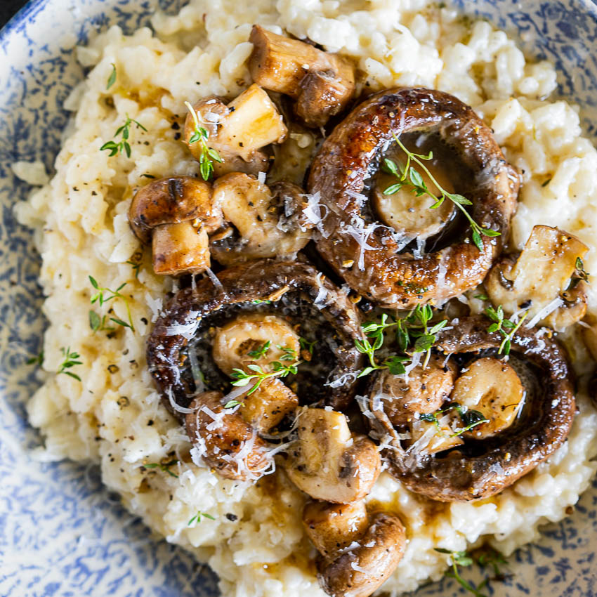 Baked risotto with garlic butter mushrooms
