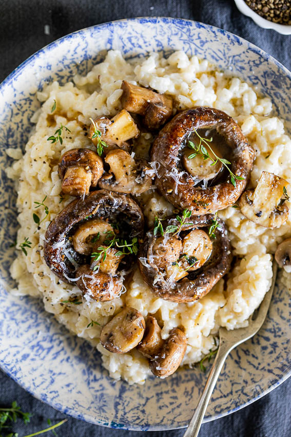 Baked risotto with garlic butter mushrooms