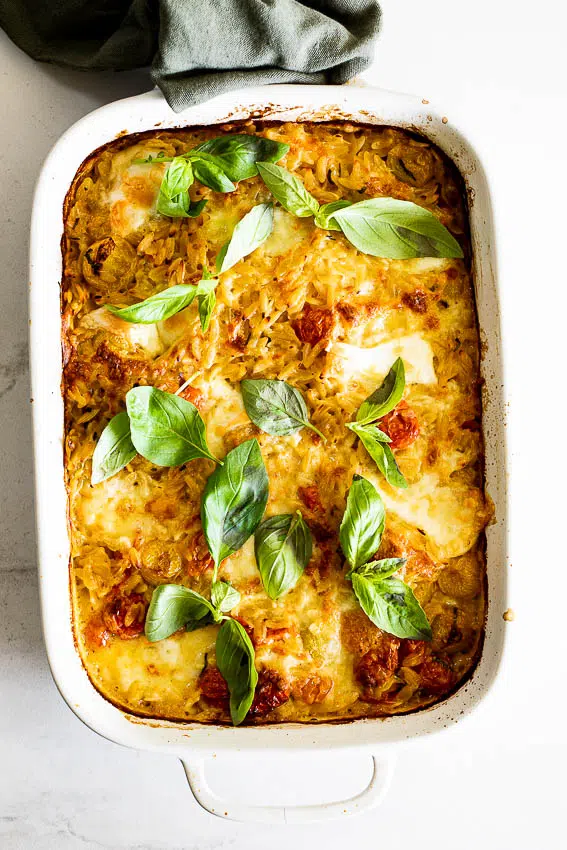 Creamy tomato mozzarella baked orzo