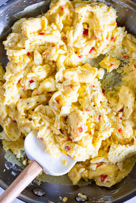 Spicy Cheesy Scrambled Eggs in pan.