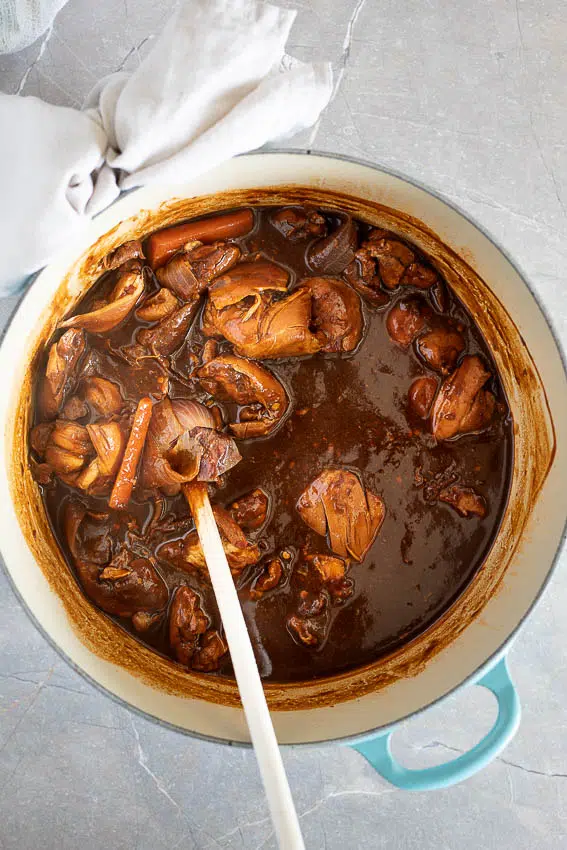 Chicken thighs cooked in an aromatic blend of chiles, onion and spices for birria tacos