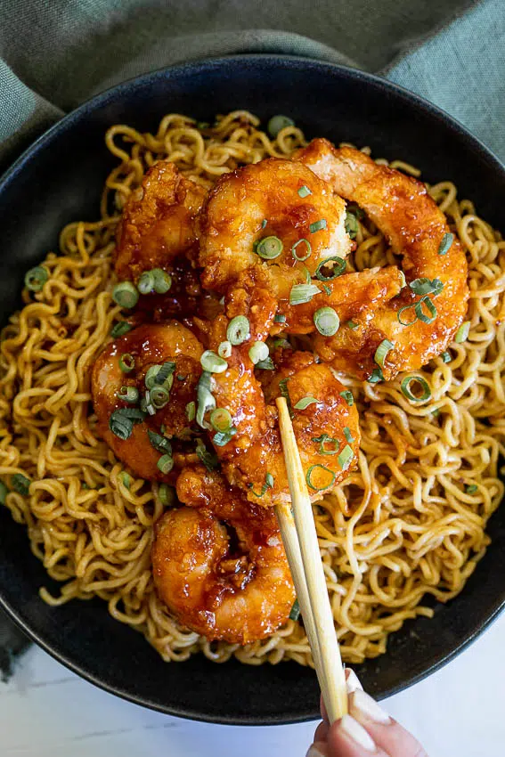Firecracker shrimp with easy miso noodles