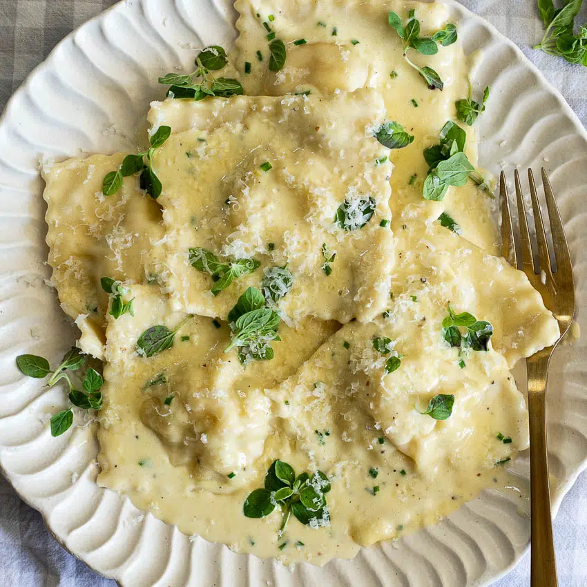 Lobster Ravioli with lemon cream sauce