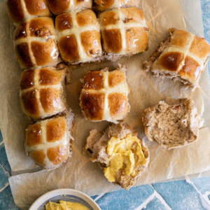 Maple pecan hot cross buns with maple butter.