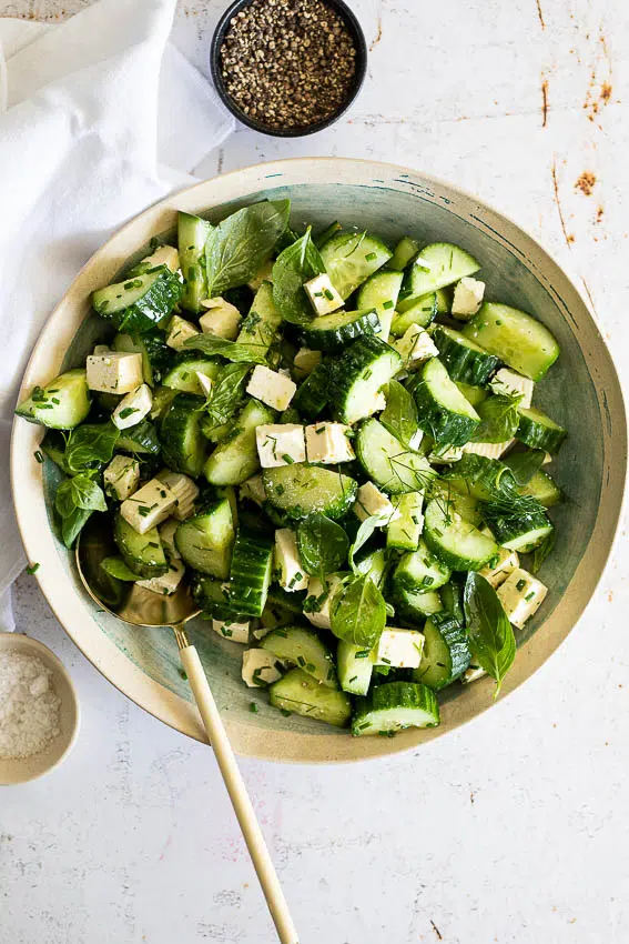 Easy cucumber feta salad with fresh dill and lemon vinaigrette.