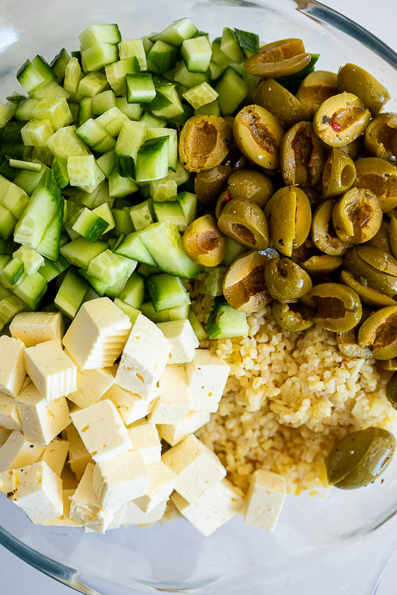 Bulgur wheat and cucumber green olive feta grain salad.