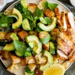 Green Panzanella salad with grilled chicken