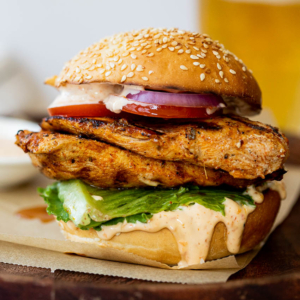 Grilled chicken sandwiches with peri peri mayo