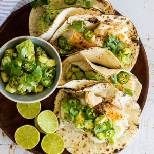 Grilled fish tacos with jalapeno avocado salsa