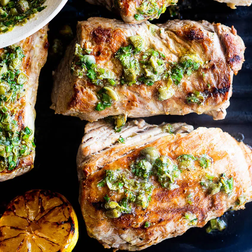 Grilled pork tenderloin with caper sauce