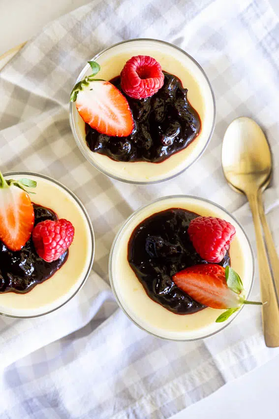 Easy lemon posset with blueberry jam