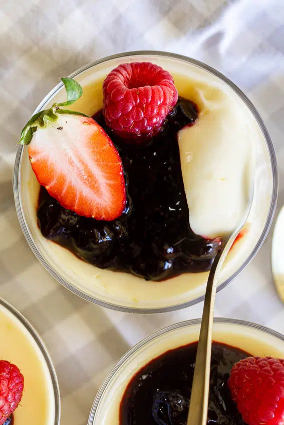 Easy lemon posset with blueberry jam