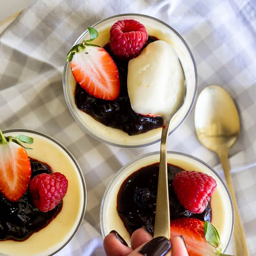 Easy lemon posset with blueberry jam